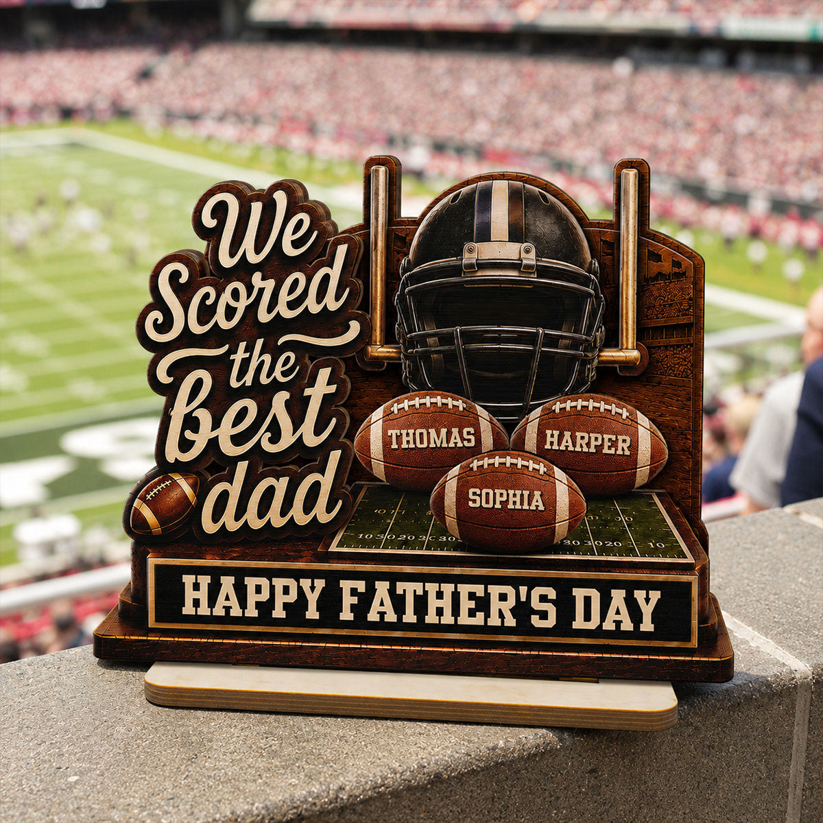 We Scored The Best American Football Dad Custom Name 2D Flat - Personalized 2-Layered Wooden Plaque - Father's Day Gift For Football Dad