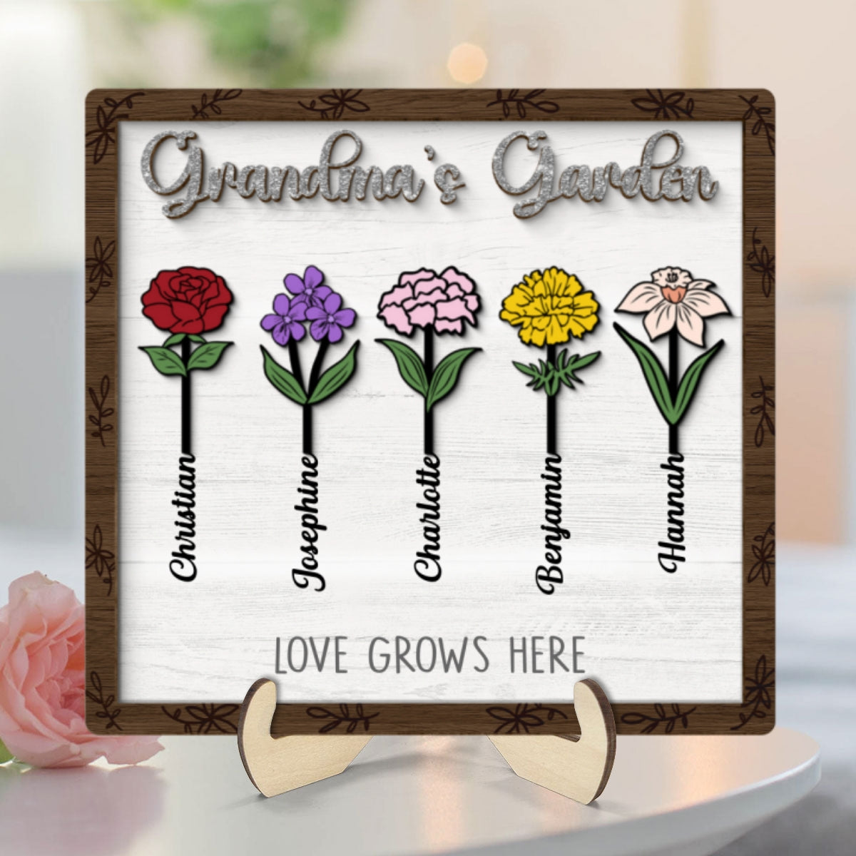 Grandma's Garden Birth Month Flower Personalized 2-Layer Wooden Plaque