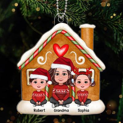 Grandma Grandkids Sitting On Gingerbread House Christmas Gift Personalized Acrylic Ornament