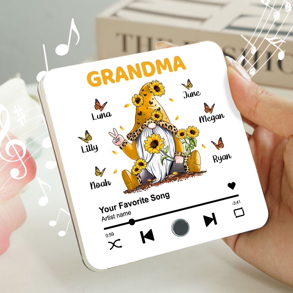 Sunflower Gnome Butterflies Grandma With Grandkids Personalized Music Fridge Magnet, Heartfelt Gift For Mom For Grandma