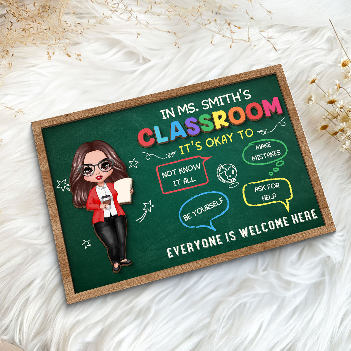 In Teacher Classroom It‘s Okay Everyone Is Welcome Here Personalized 2-Layer Wooden Plaque, Classroom Decor
