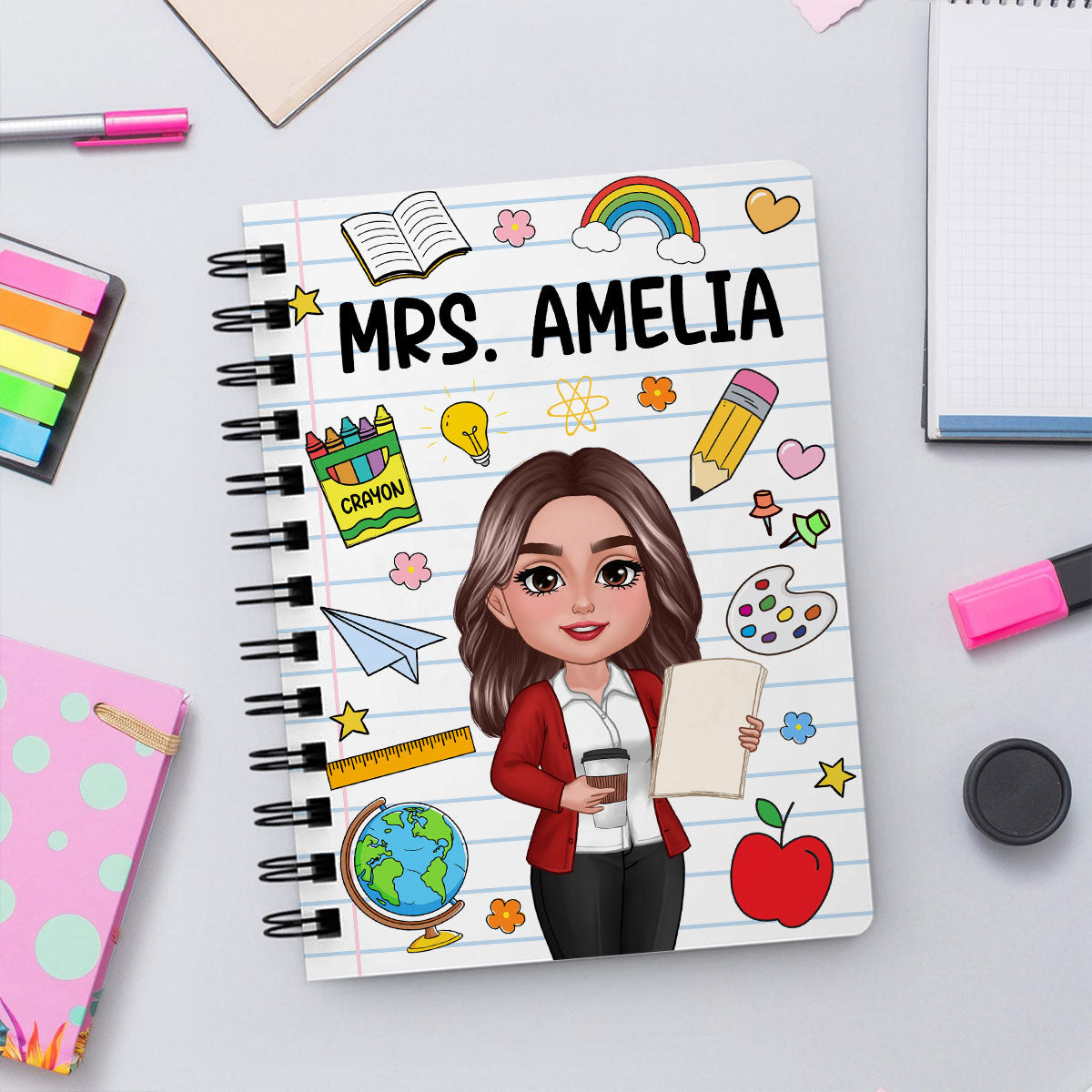 School Things Notebook Page Teacher Name Personalized Spiral Notebook Journal, Back To School Stationery