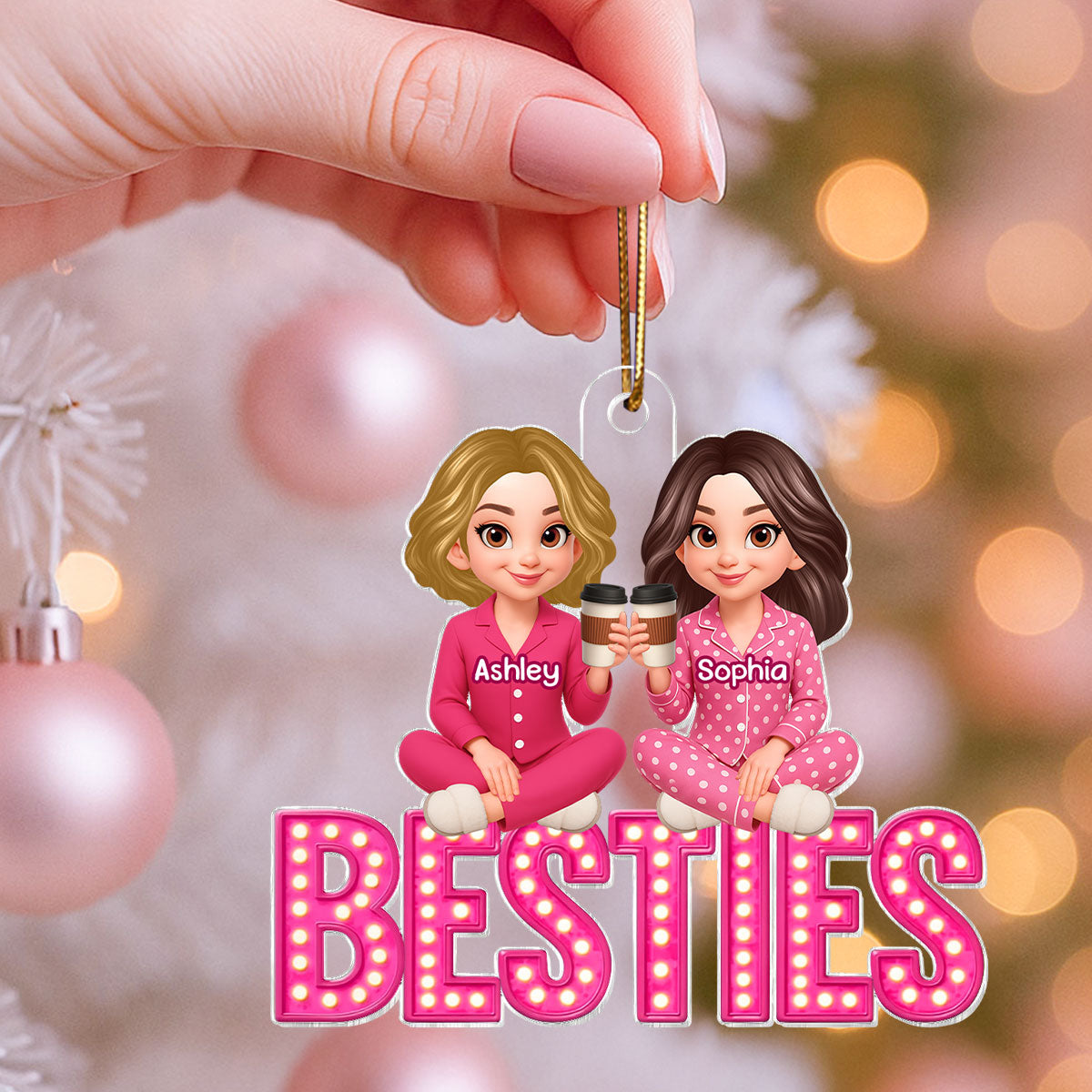 Pink Marquee Besties Sisters Sitting On Text Personalized Acrylic Ornament