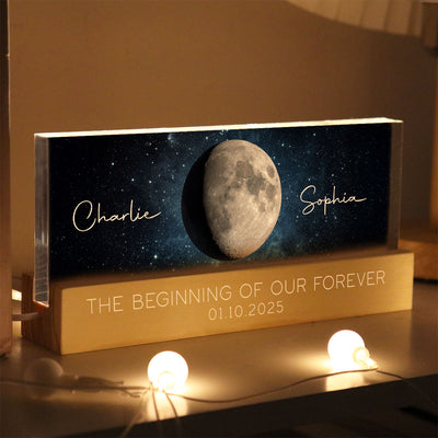 Our Moon Couple Gift Moon Phase Art Personalized Acrylic Block LED Plaque, Gift for Mom, Gift for Grandma, Gift for Wife