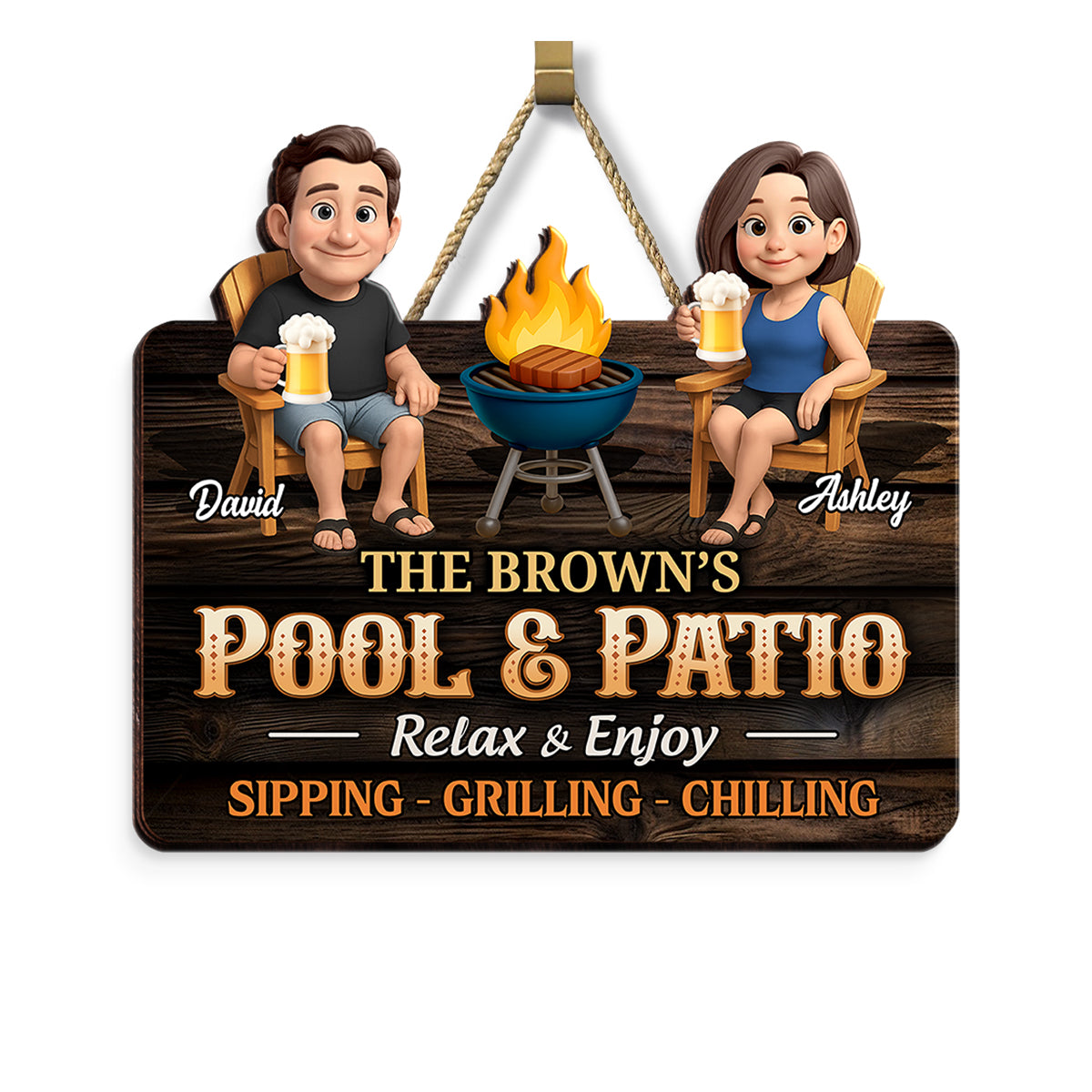 Couple Pool & Patio Sipping Grilling Chilling Personalized Wood Sign