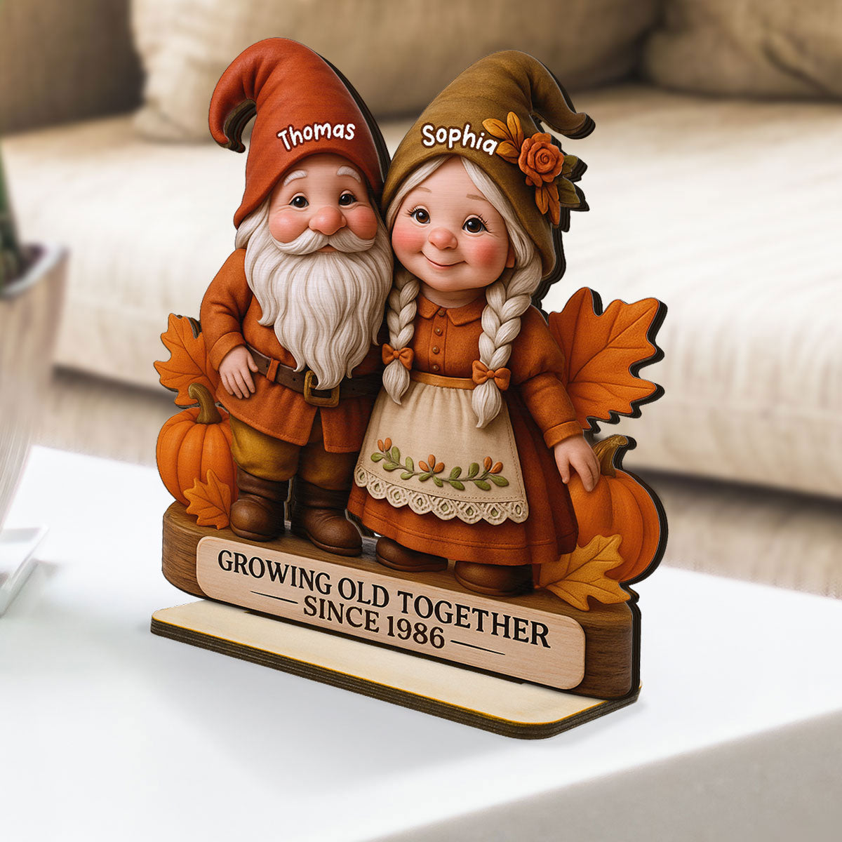 3D Effect Fall Season Gnome Couple Personalized Standing Wooden Plaque| Anniversary Gift, Birthday Gift, Wedding Gift For Couple