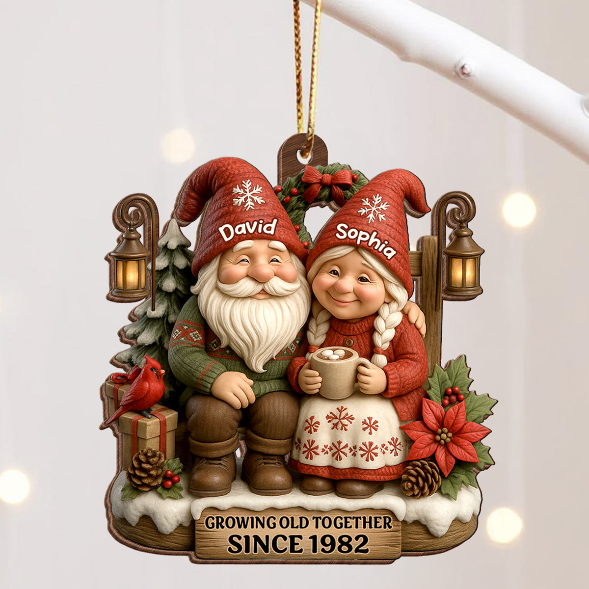 Old Gnomes Couple Sharing Holiday Cheer Together - Personalized Wooden Ornament - Thoughtful & Heartfelt Christmas Gift for him, Gift for her