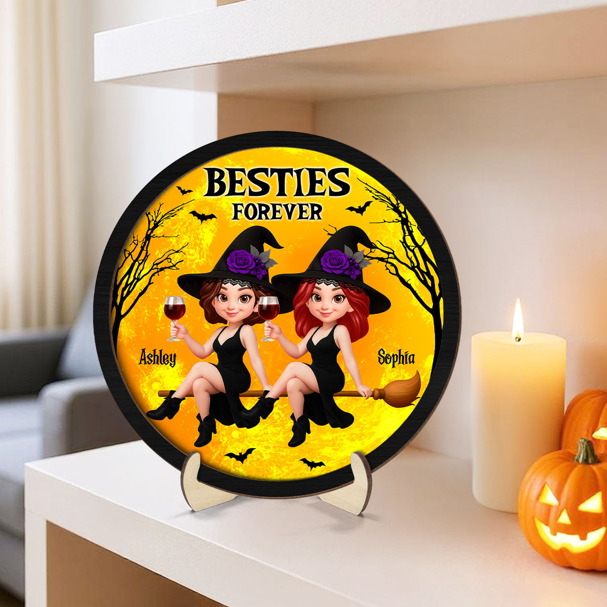 Halloween Witch Besties On Broom Personalized 2-Layer Wooden Plaque, Halloween Gift