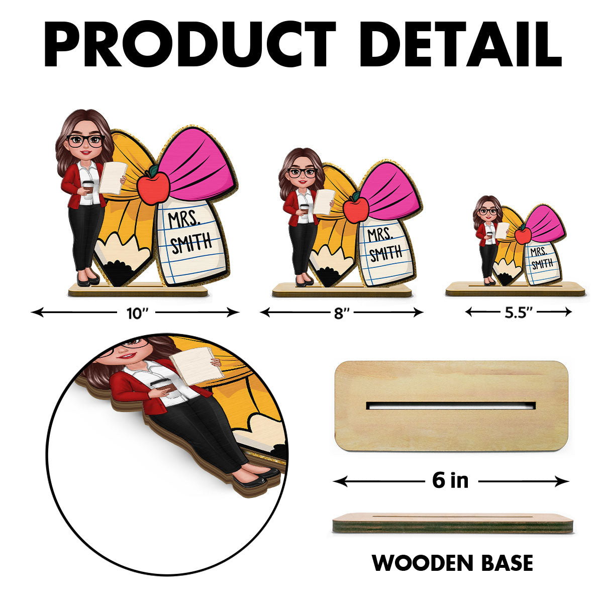 Teacher Pencil Coquette Bow Personalized Wooden Desk Name Plaque