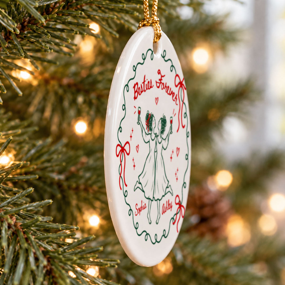 Besties Forever Celebration 2D Flat - Personalized Ceramic Ornament - Christmas Gift For Best Friends, Besties