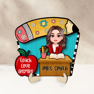 Doll Teacher Sitting At Table Personalized 2-Layer Wooden Plaque, Back to school gift