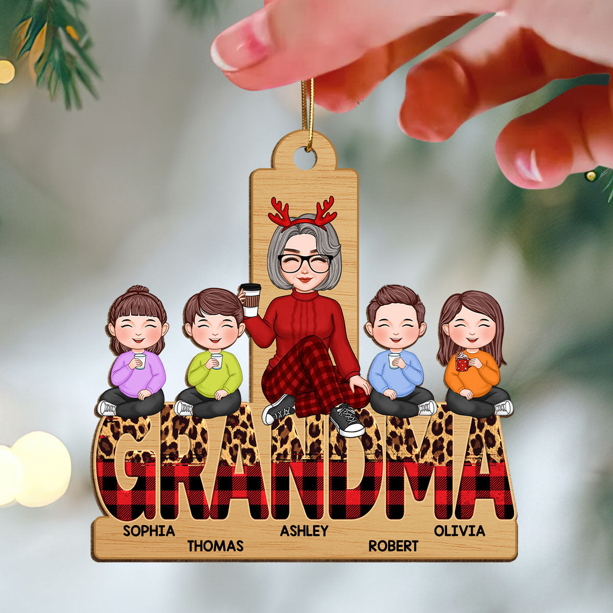 Checkered And Leopard Grandma Grandkids Sitting Personalized Wooden Ornament