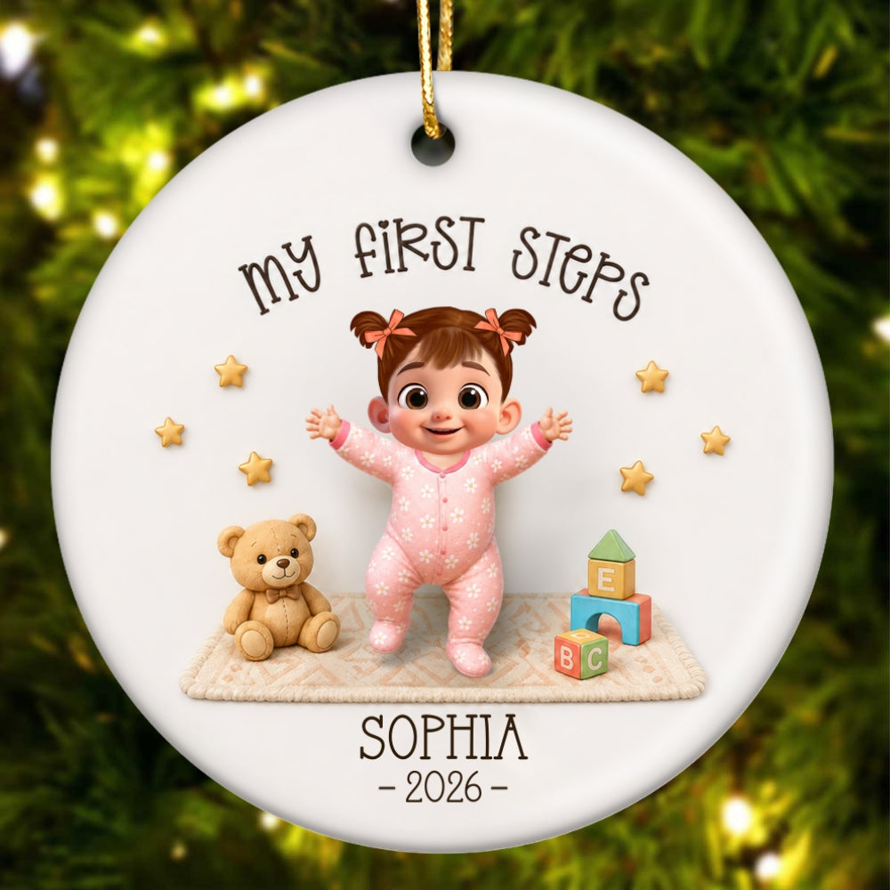 Baby First Steps Learned to Walk - Personalized Ceramic Ornament - Milestone Christmas Keepsake