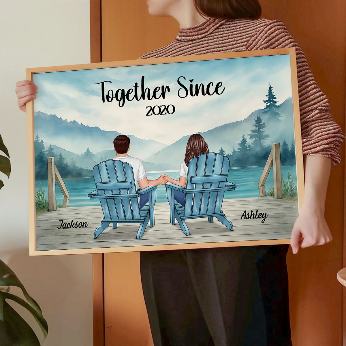 Lakeside Mountain Landscape Couple Back View Personalized Poster, Anniversary Gift for Him for Her