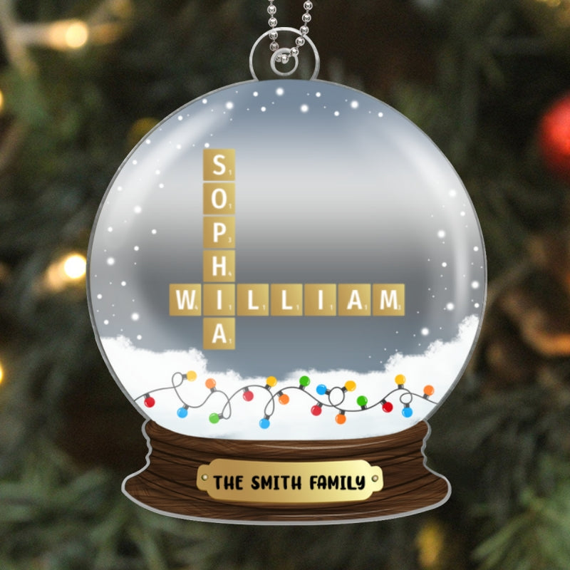 Family Snow Globe Crossword Puzzle Art Personalized Acrylic Ornament, Christmas Gift for Husband, Wife, Parents, Grandparents, Siblings, Daughters