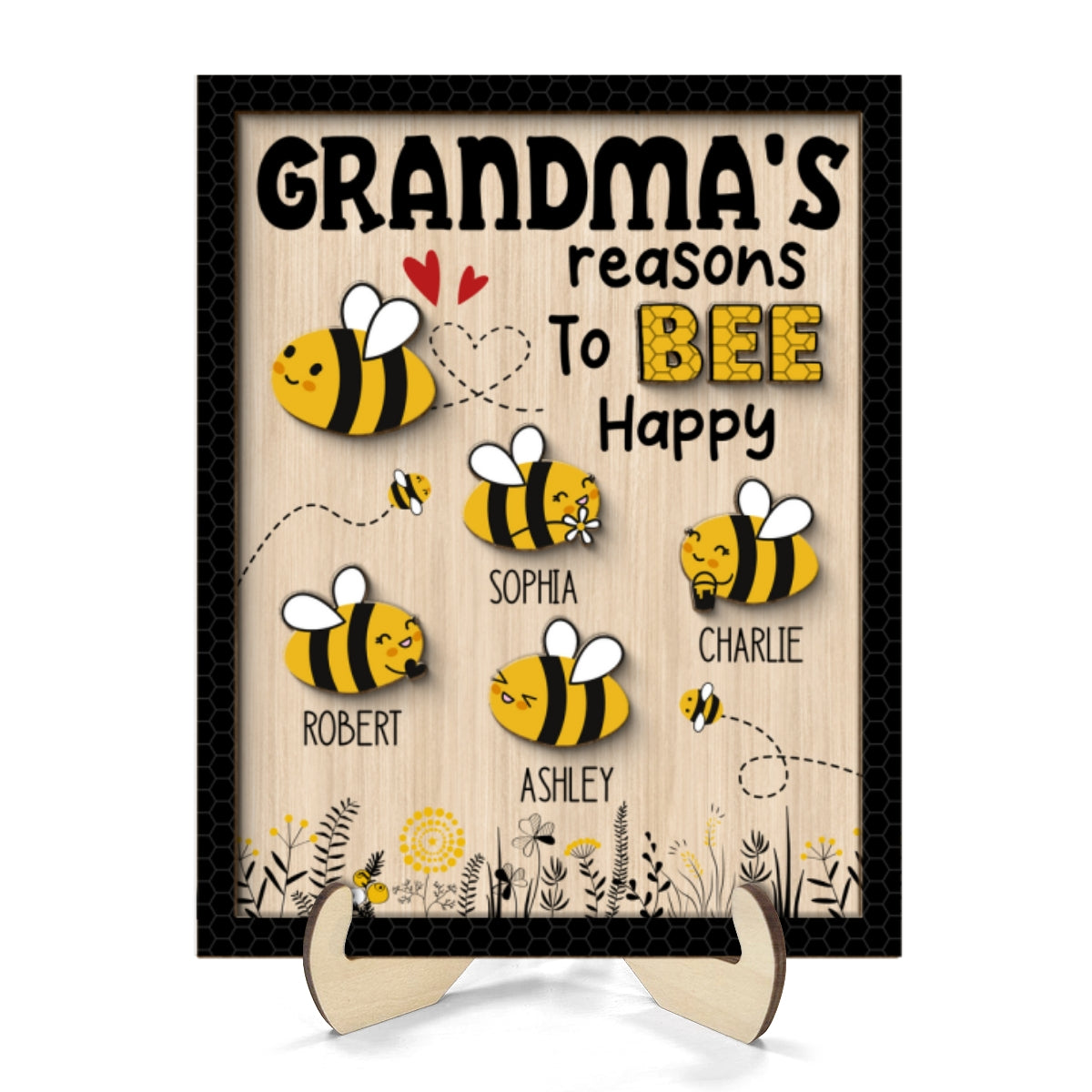 Grandma‘s Reason To Bee Happy Personalized 2-layer Wooden Plaque