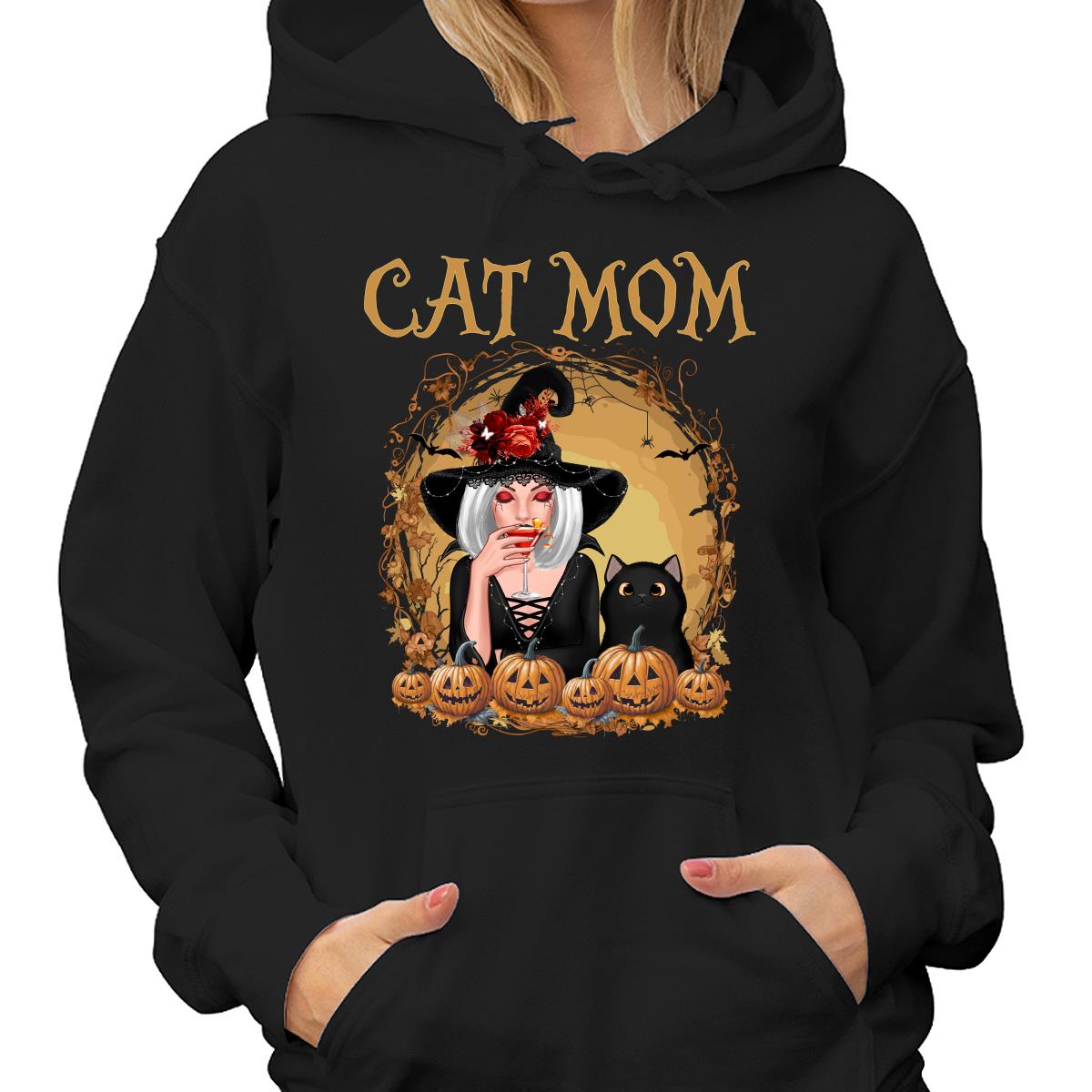 Vintage Orange Halloween Cat Mom Cat Witch Personalized Shirt