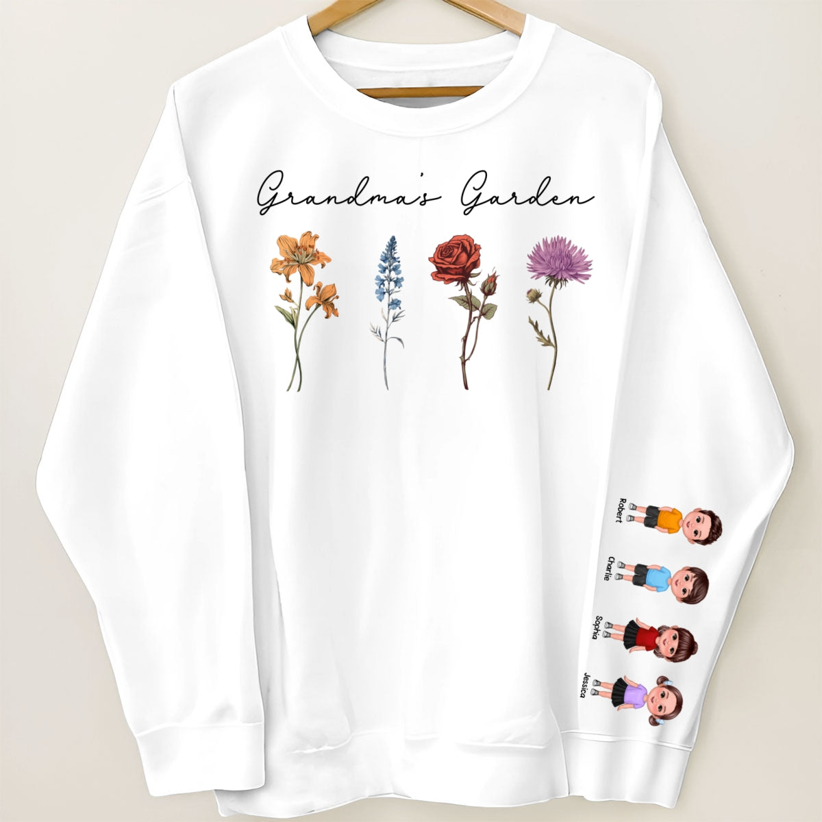 Grandma's Garden Kids On Sleeve, Custom Birthflower Sweatshirt, Gift for Grandma, Love Grows Here, Mom's Garden, Gift, Personalized Sleeve Printed Sweatshirt