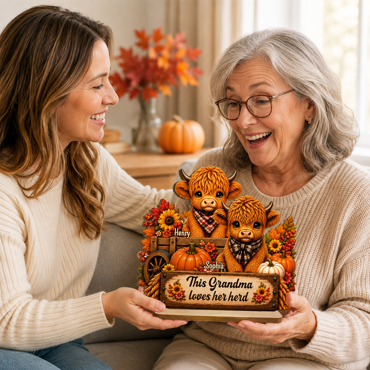 Grandma Loves Her Herd Autumn Leopard - Personalized 2-Layered Wooden Plaque - Fall Season Decor Gift, Gift For Grandma