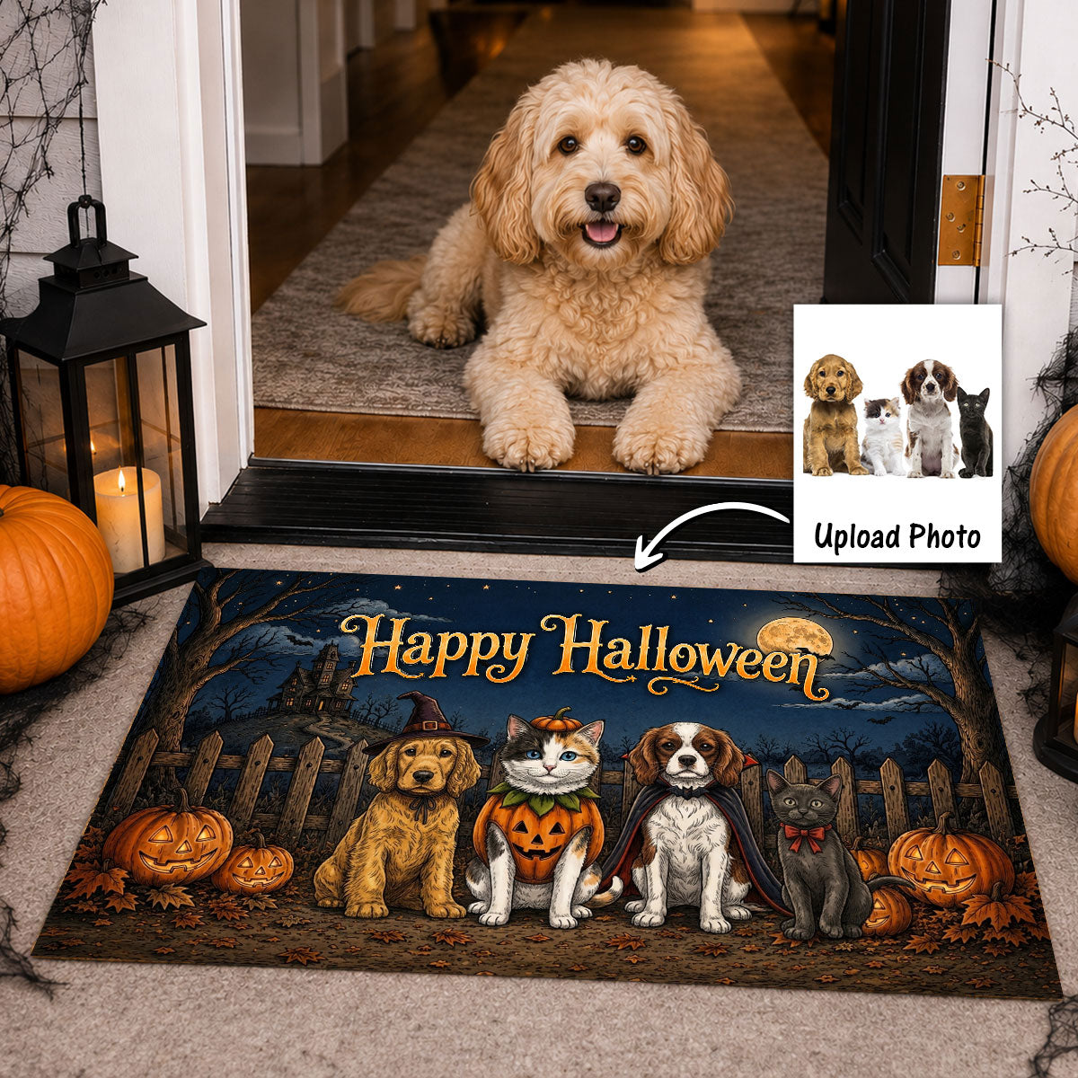 Vintage Dog Cat Halloween Night Photo Upload - Personalized Doormat - Halloween Gift For Dog Mom, Cat Mom