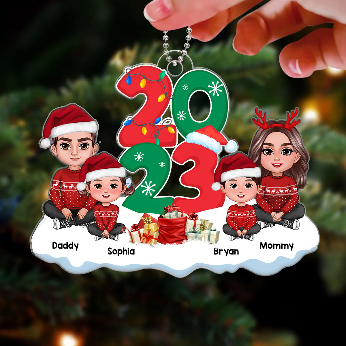 Family Dad Mom Kids Dogs Cats Crossed Legs Sitting By 2024 Christmas Gift Personalized Acrylic Ornament