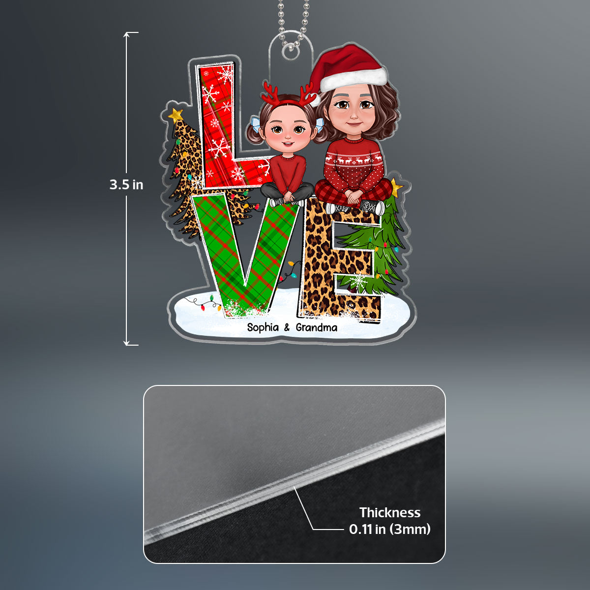 LOVE Christmas Pattern Stacked Grandma Grandkid Sitting Personalized Acrylic Ornament