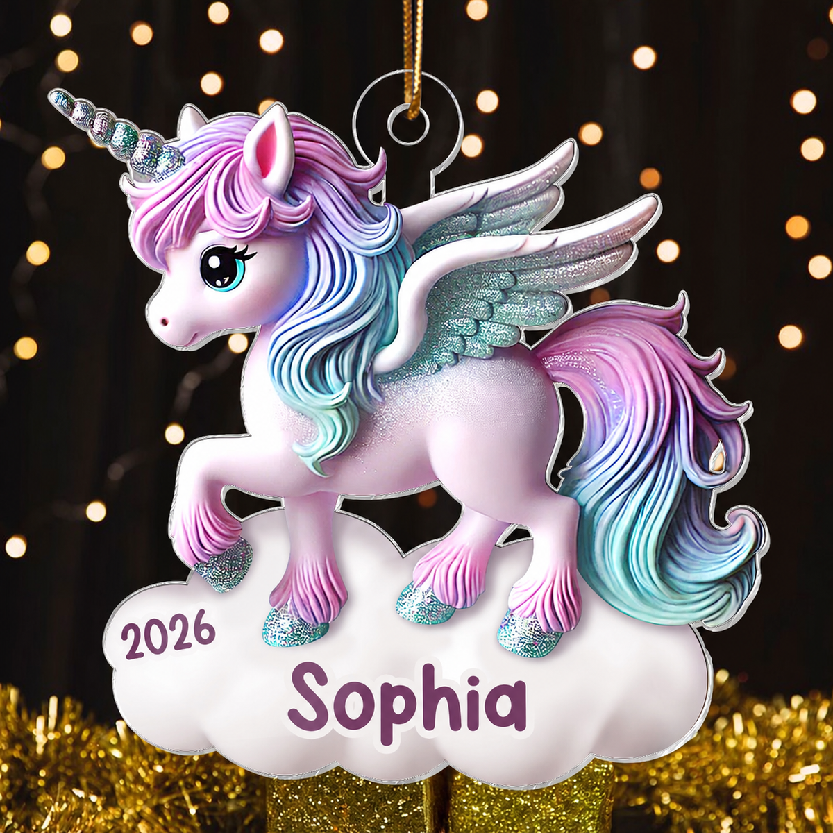 Magical Unicorn 3D Effect Baby's First Christmas Personalized Acrylic Flat Ornament