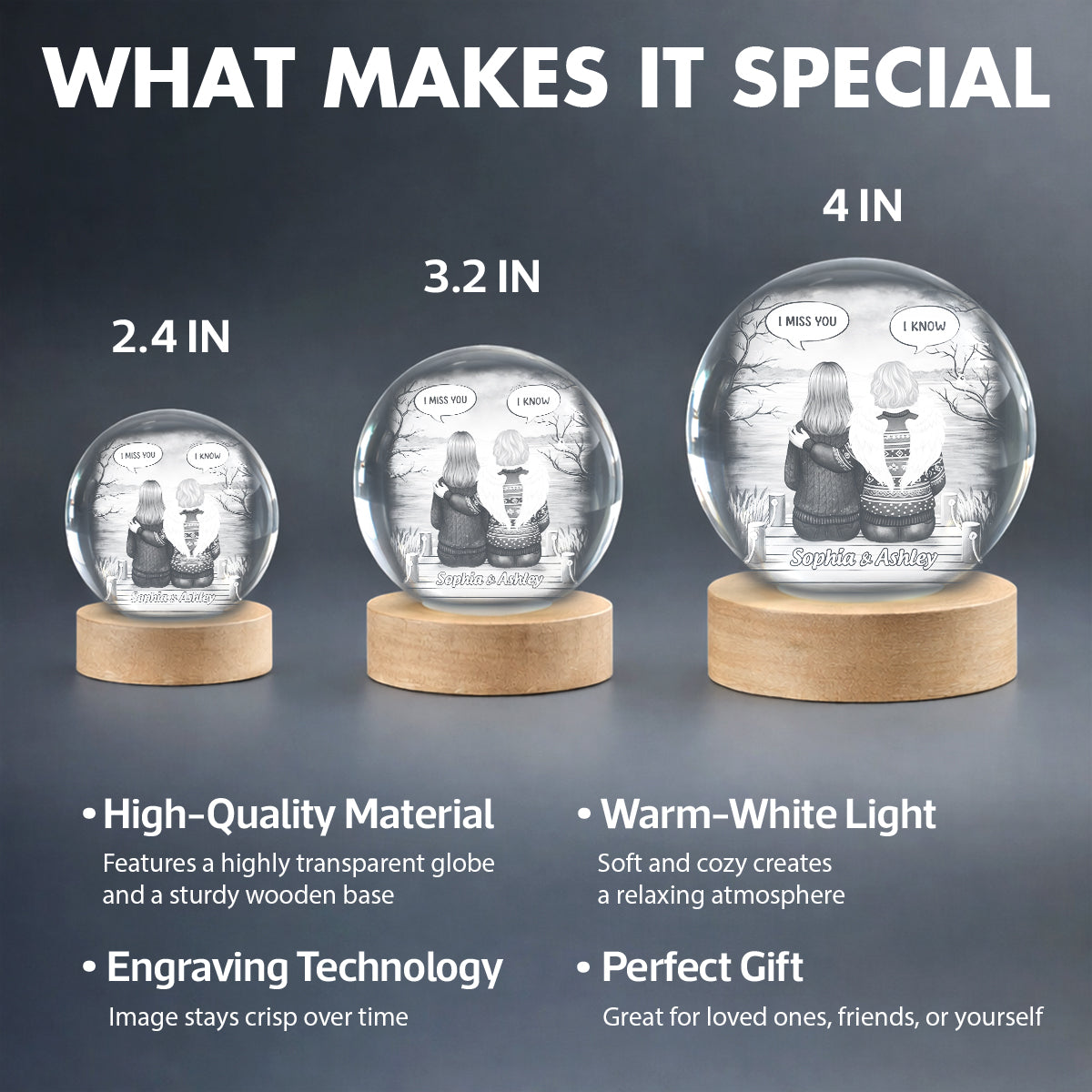 I Miss You Back View Memorial - Personalized Crystal Ball LED Night Light - Memorial Sympathy Gift