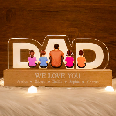 DAD Family Sitting Back View Personalized Acrylic LED Night Light, Father's Day Gift For Dad, Gift For Husband