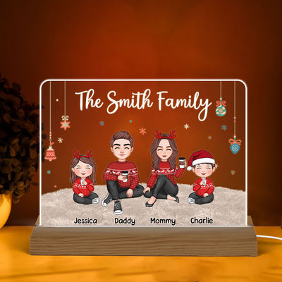 Christmas Cute Family Sitting On Carpet Personalized Acrylic Plaque Custom Shape Warm LED Night Light