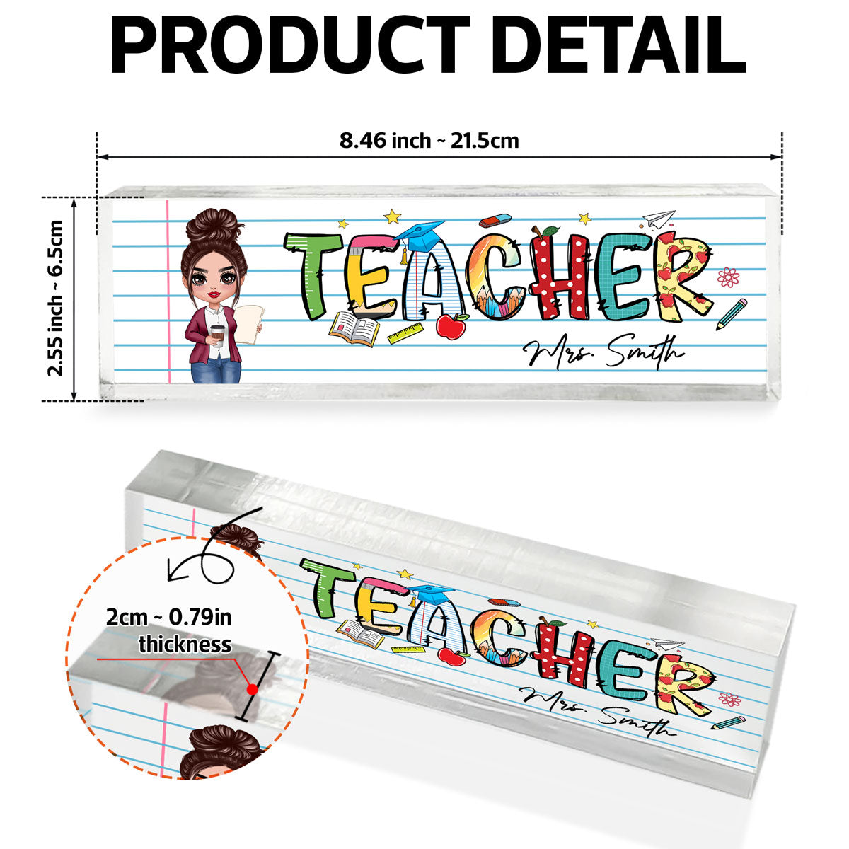 Teacher Beautiful Patterned Personalized Acrylic Desk Name Plate, Gift For Teacher, Office Decor