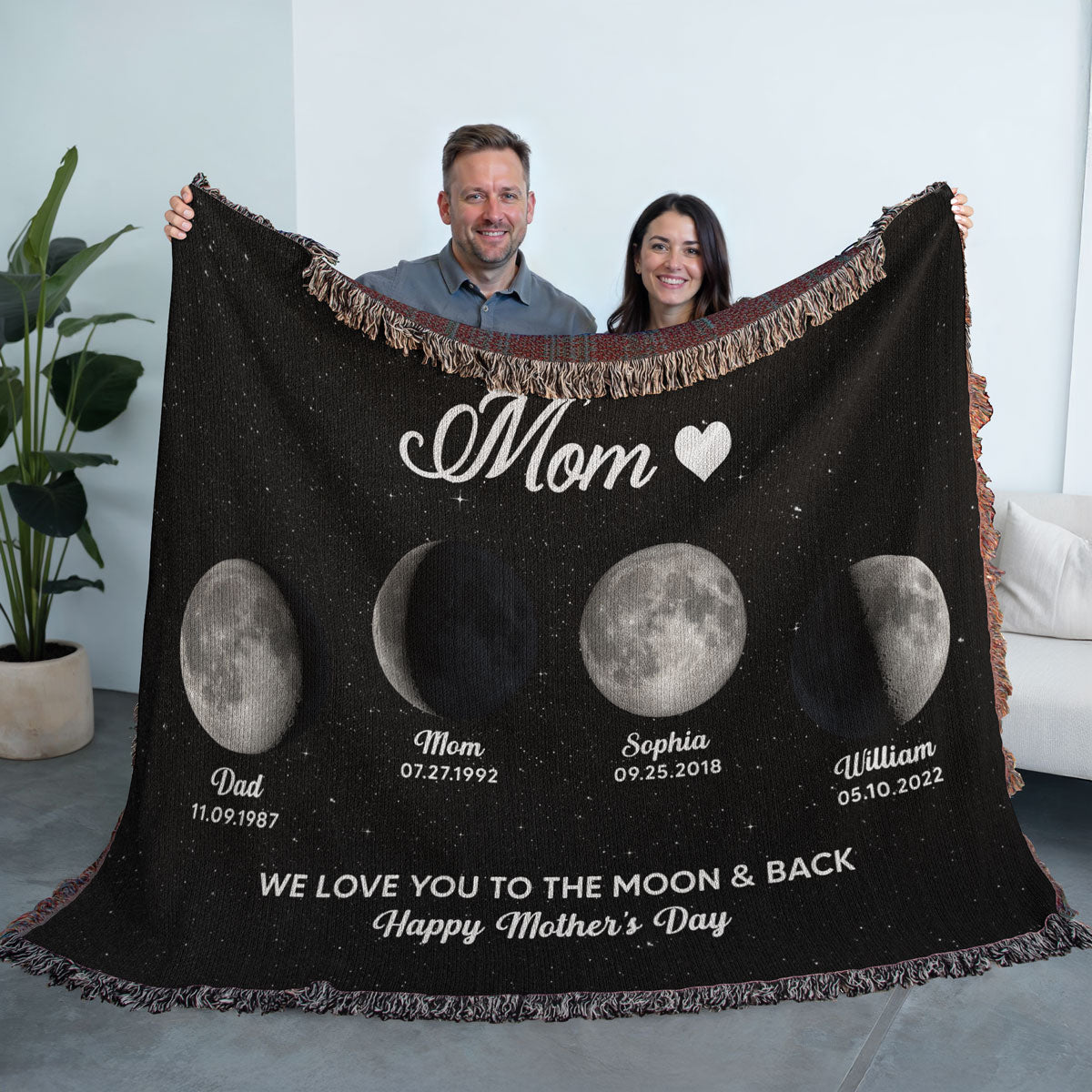 Mom Grandma Love You To The Moon And Back Moon Phase Art Personalized Tapestry Woven Blanket
