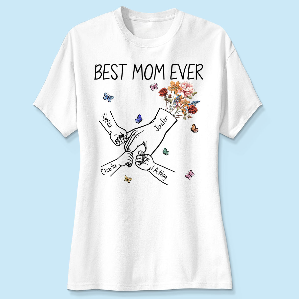 Kids Holding Mom‘s Hand Vintage Birth Month Flowers Gift For Mom Personalized Shirt