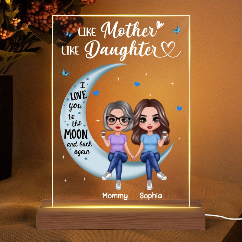 Doll Mom And Daughter Sitting On Moon I Love You To The Moon And Back Personalized Rectangle LED Night Light