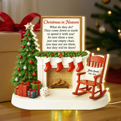 3D Effect Christmas In Heaven Chair At Fireplace - Personalized Light Box - Christmas Memorial Keepsake For Family