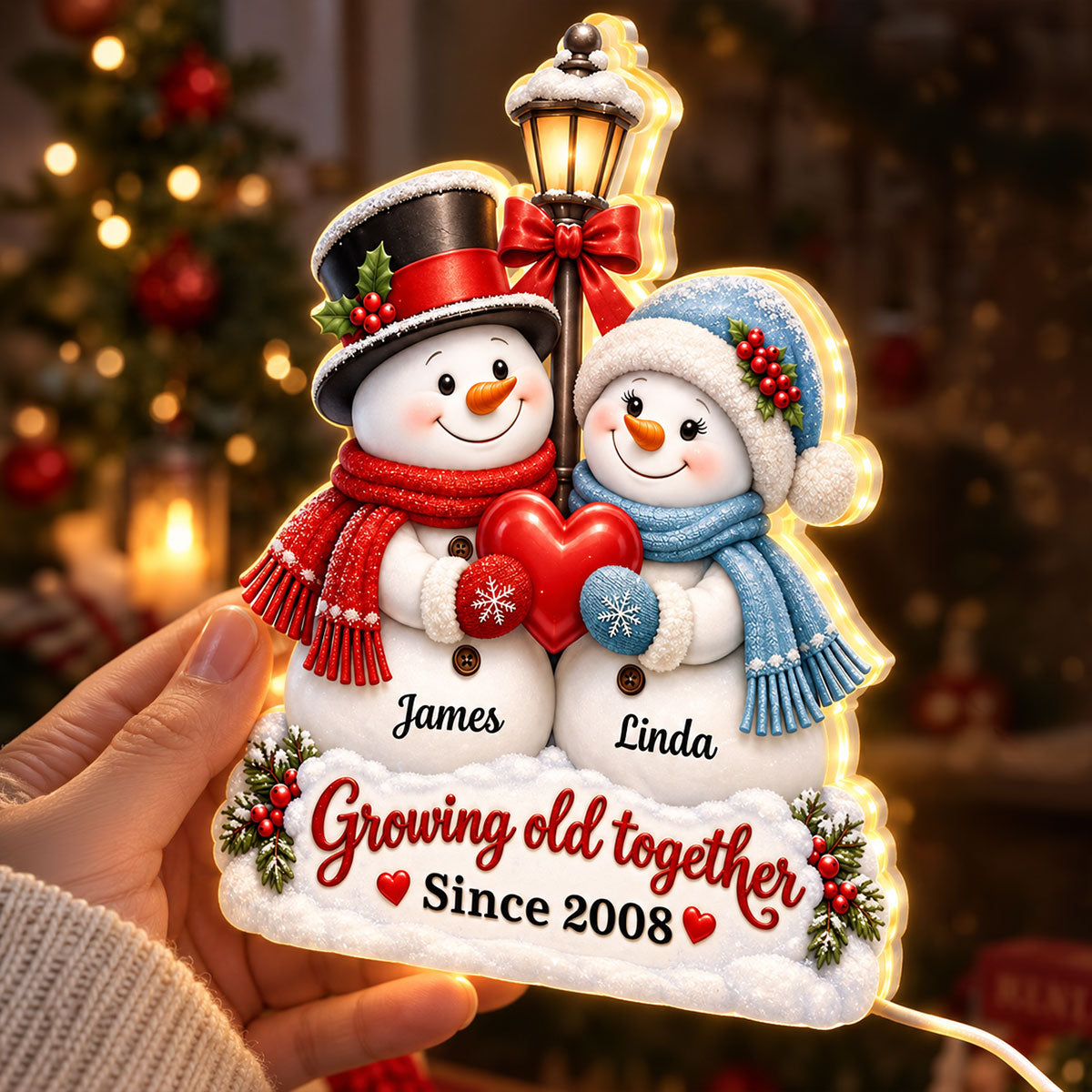 Snowman Couple Growing Old Together - Personalized Light Box - Heartfelt Christmas Gift for Her, for Him