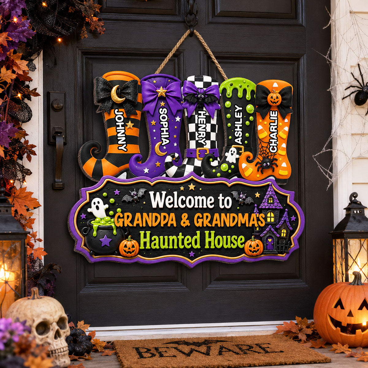 Whimsical Halloween Welcome To Grandma Grandpa Haunted House Witch Boots - Personalized Wood Sign - Halloween Decoration For Grandparents