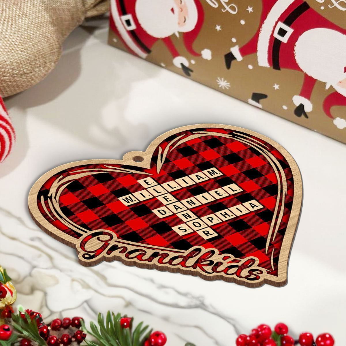 Checkered Heart Crossword Puzzle Art Personalized Wooden Ornament, Christmas Gift for Grandkids, Granddaughter Grandson, Gift for Grandma