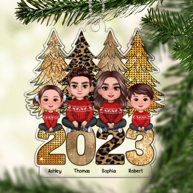 Family Sitting Gold Leopard Sparking Christmas Tree Personalized Acrylic Ornament