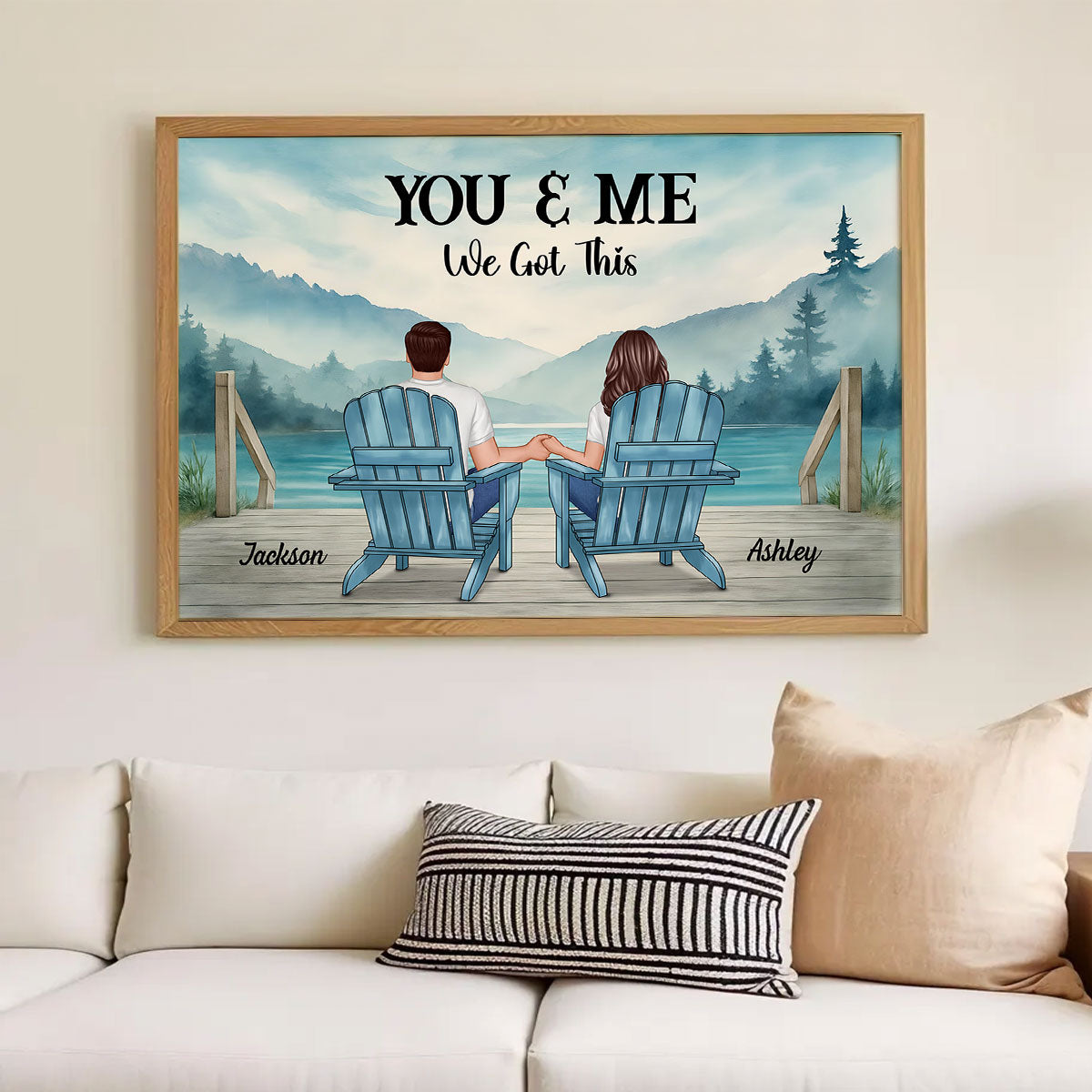 Lakeside Mountain Landscape Couple Back View Personalized Poster, Anniversary Gift for Him for Her