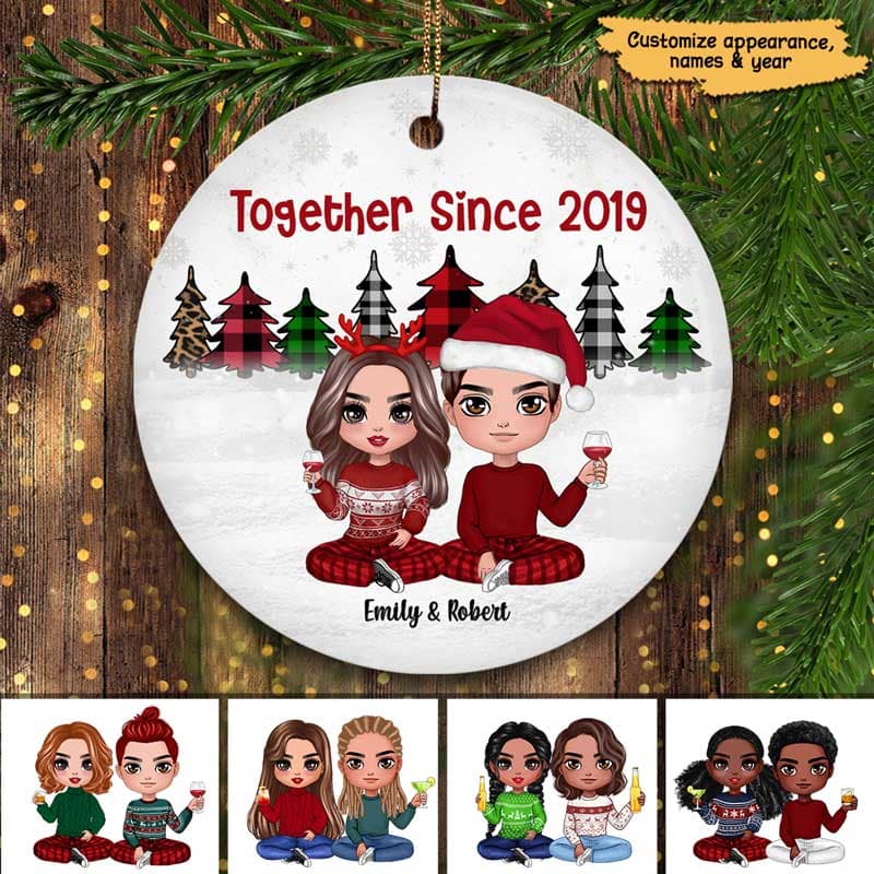 Christmas Tree Leopard Checkered Doll Couple Personalized Circle Ornament