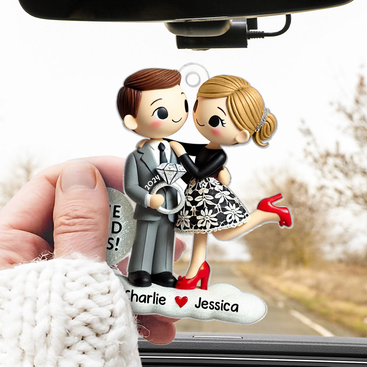 Couple Engagement Ornament She Said Yes, Personalized 2D Flat Acrylic Car Hanger Ornament,  Gift for him, Gift for her