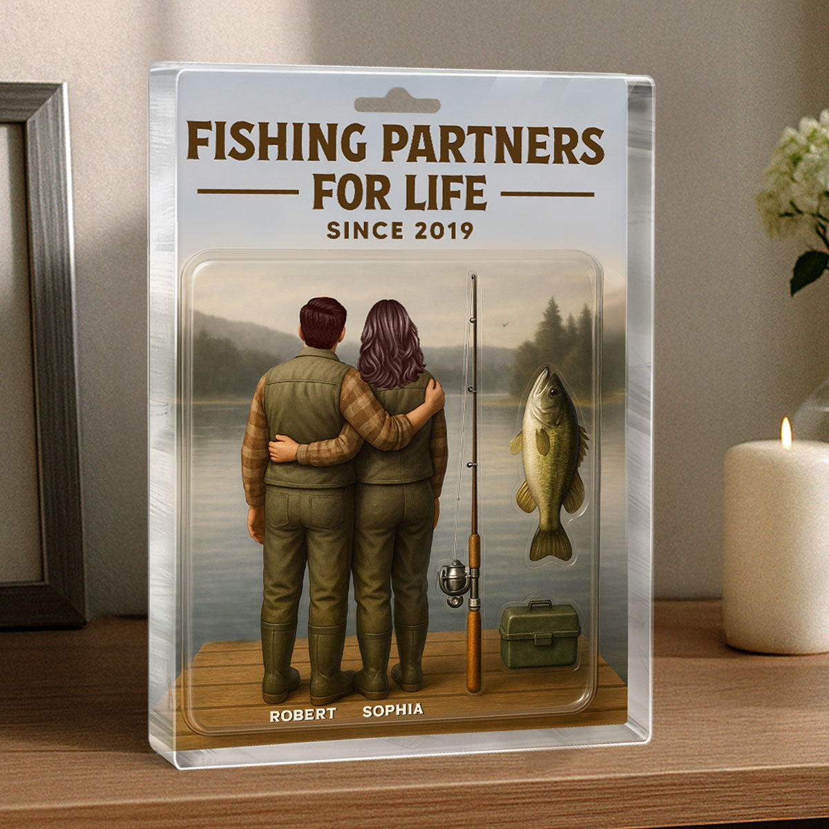 3D Effect Custom Figure Couple Fishing Partners For Life Personalized Rectangle Acrylic Block Plaque