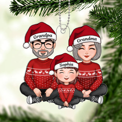 Cute Grandma Grandpa & Grandkid Sitting Crossed Legs Christmas Gift Personalized Acrylic Ornament