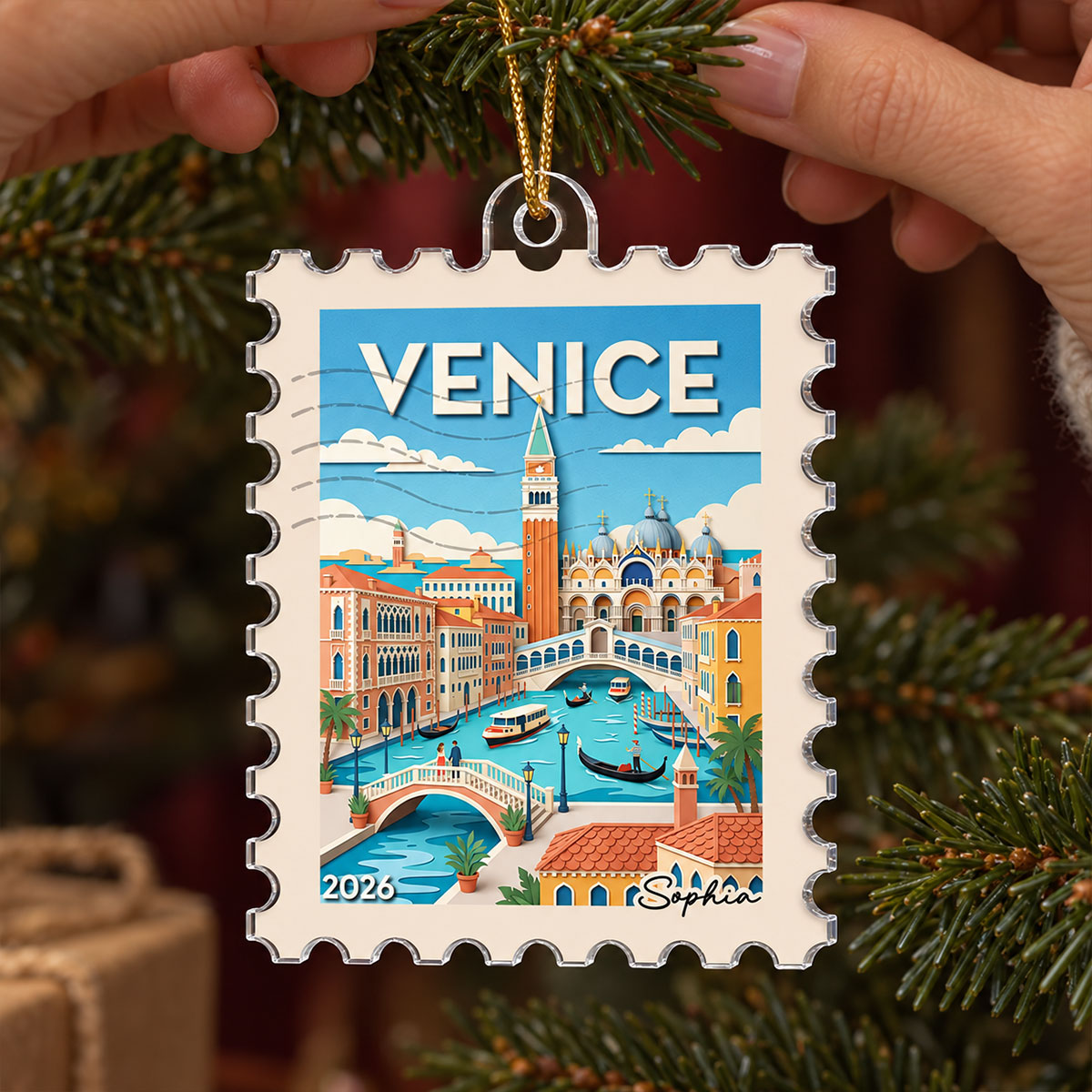 Any City Landscape Stamp - Personalized Acrylic Ornament - Travel Keepsake For Travel Lover