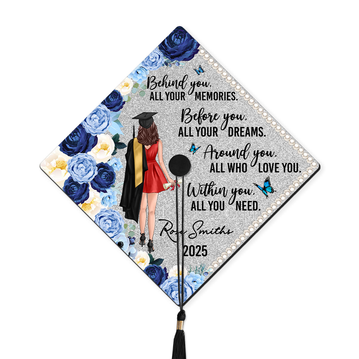 Behind You Flowers Senior Graduation Gift Personalized Printed Graduation Cap Topper (Not Real Glitter)