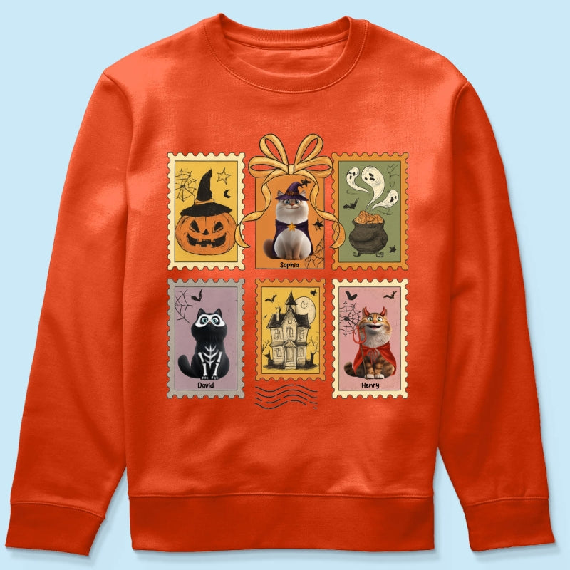 Cute Cats Retro Halloween Postage Stamp Sweatshirt – Cute & Spooky Fall Personalized Sweatshirt