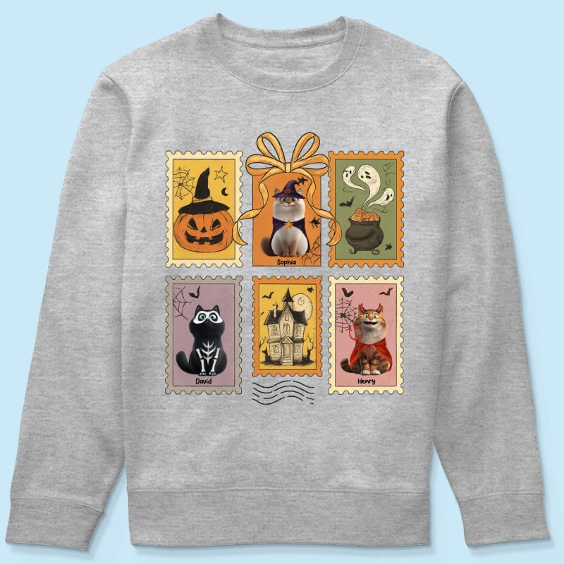 Cute Cats Retro Halloween Postage Stamp Sweatshirt – Cute & Spooky Fall Personalized Sweatshirt