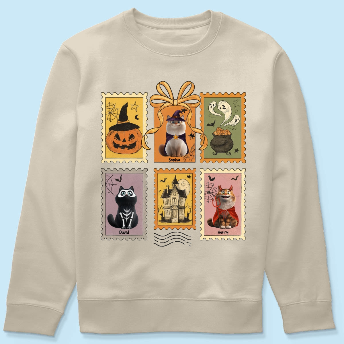 Cute Cats Retro Halloween Postage Stamp Sweatshirt – Cute & Spooky Fall Personalized Sweatshirt
