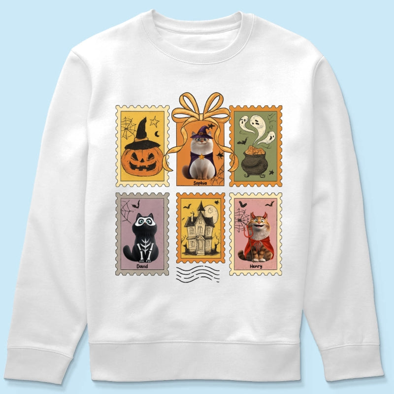 Cute Cats Retro Halloween Postage Stamp Sweatshirt – Cute & Spooky Fall Personalized Sweatshirt
